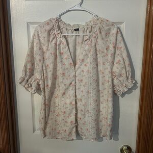 SHEIN White and Pink Floral Blouse